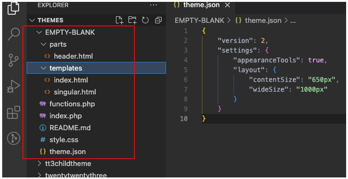 VS Code file explorer on the left and an open theme.json file on the right.