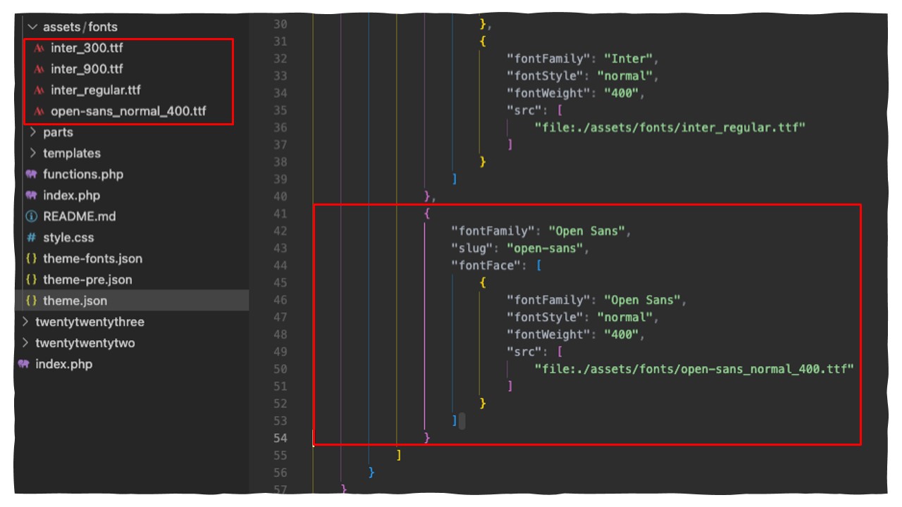 Updated theme.json file showing the font references have been removed.