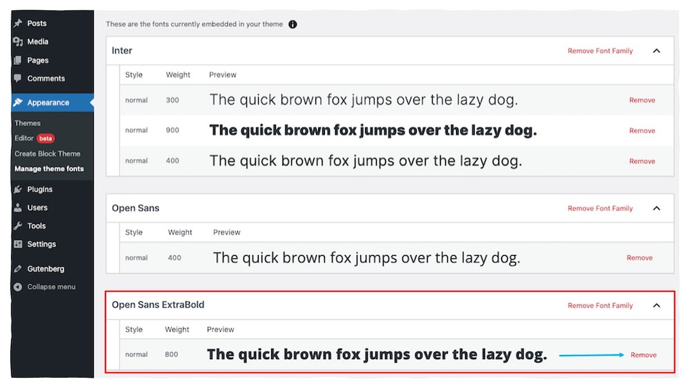 The interface for removing a font from the theme.