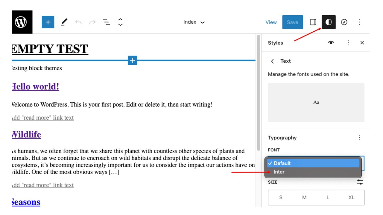 Open template file in the Site Editor with an arrow pointing out the Global Styles settings button.
