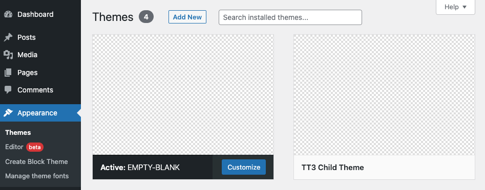 Themes screen showing Empty Theme as the active selection with no screenshot preview.