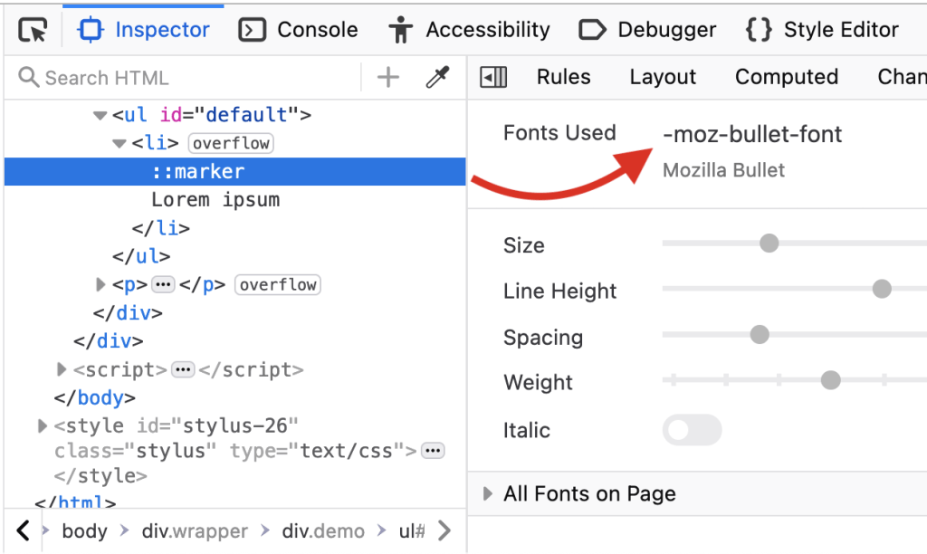 :marker selected in the inspector. Fonts used: -moz-bullet-font.