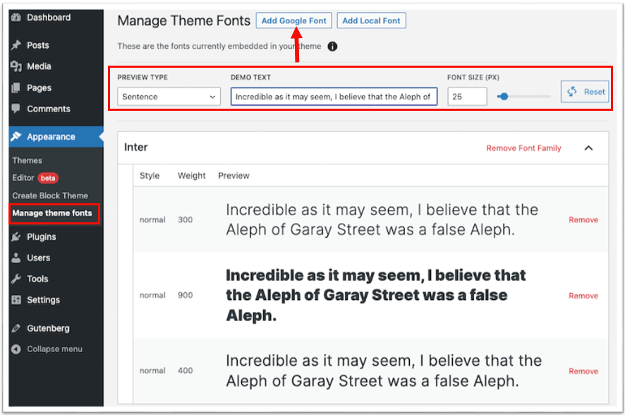 Manage Theme Fonts screen with a button to Add Google Font highlighted in red.