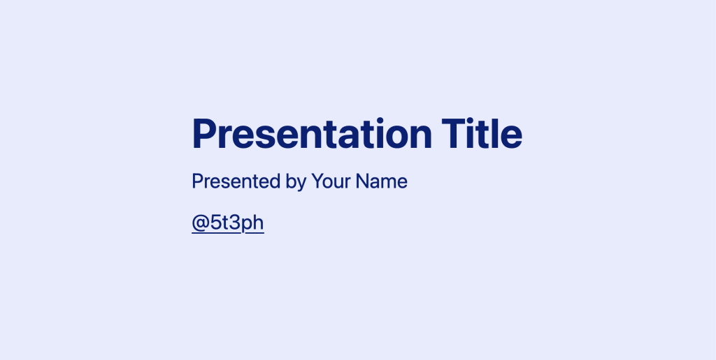 Screenshot of a CSS scroll snap slide with the presentation title, a byline, and a Twitter handle. The text is dark blue and the background is a light blue.