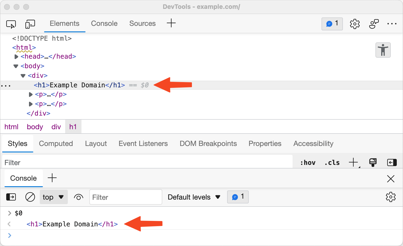 Currently selected node accessed from the Console in Edge DevTools