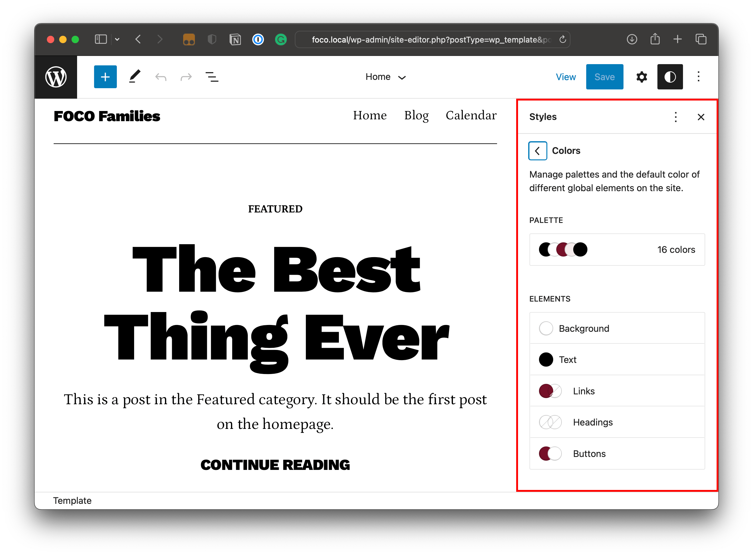 WordPress Site Editor screen with the Global Styles settings open to color options.