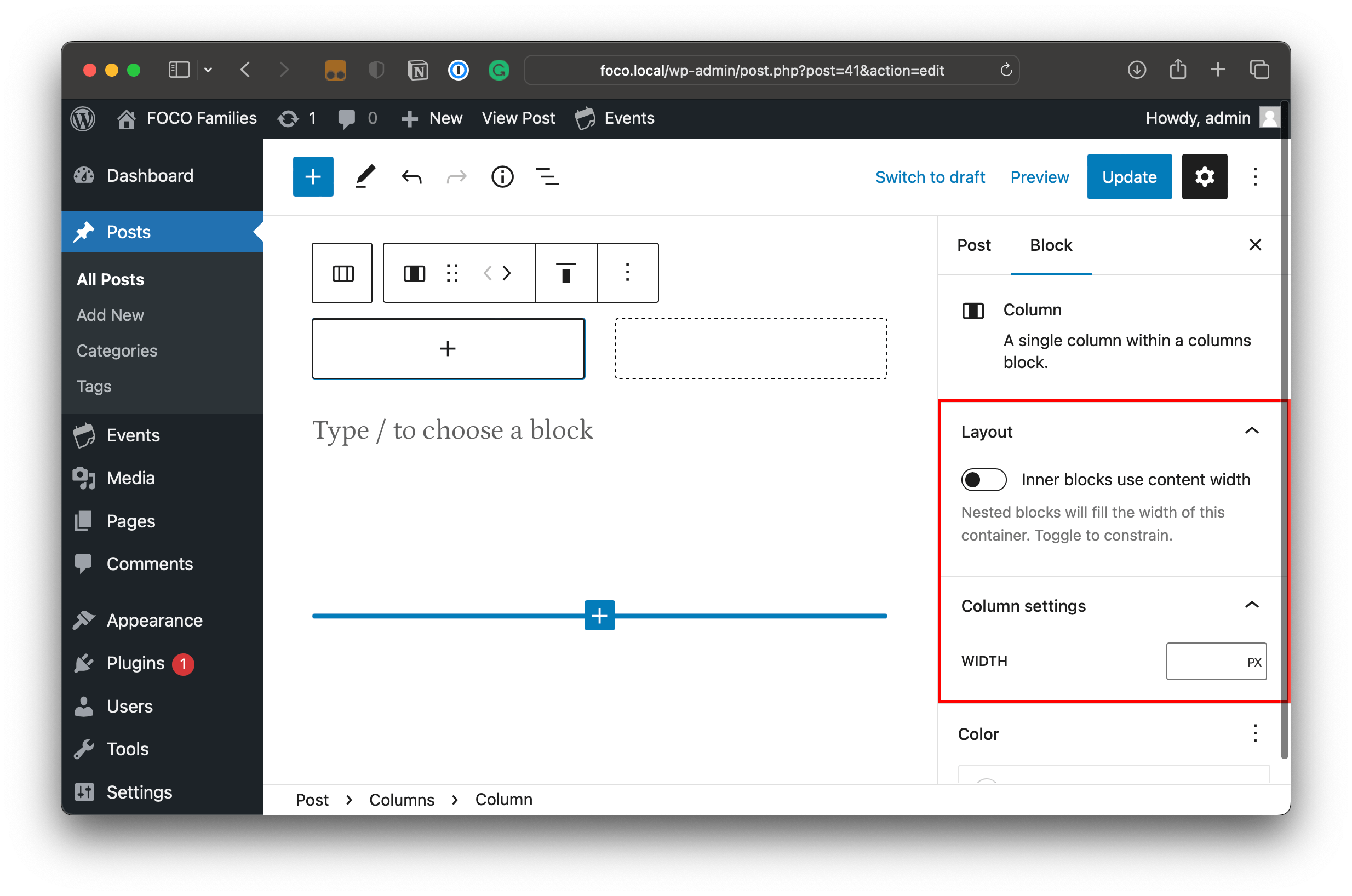 The block editor with a two-column layout and the Layout settings open.